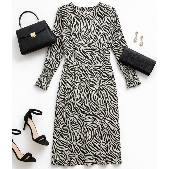 Halogen Dresses & Skirts - Zebra Print Midi Dress Long Smocked Sleeves Pockets Y2K Trendy Career Work Sz M